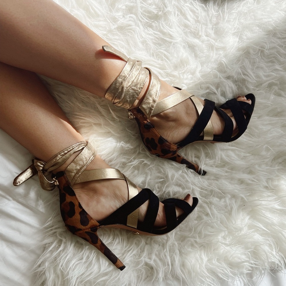 SCHUTZ Black and Gold Strappy Heels